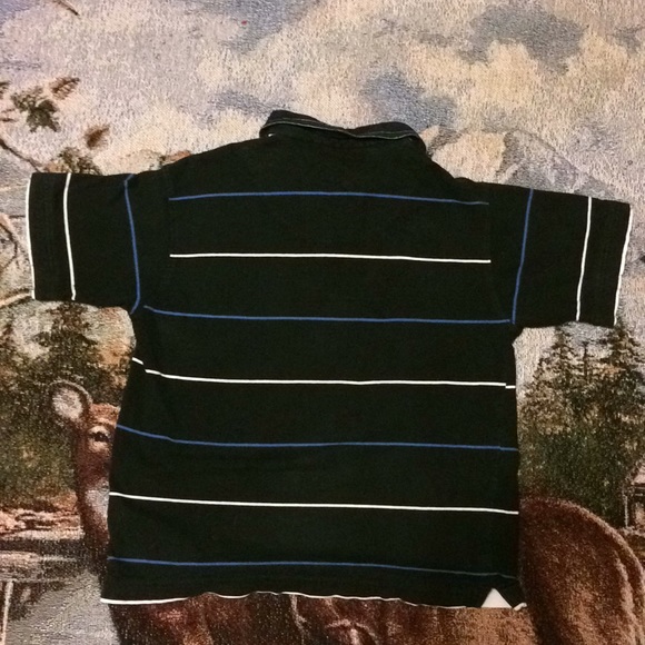 Black T shirt with blue and white stripes. - Picture 2 of 3